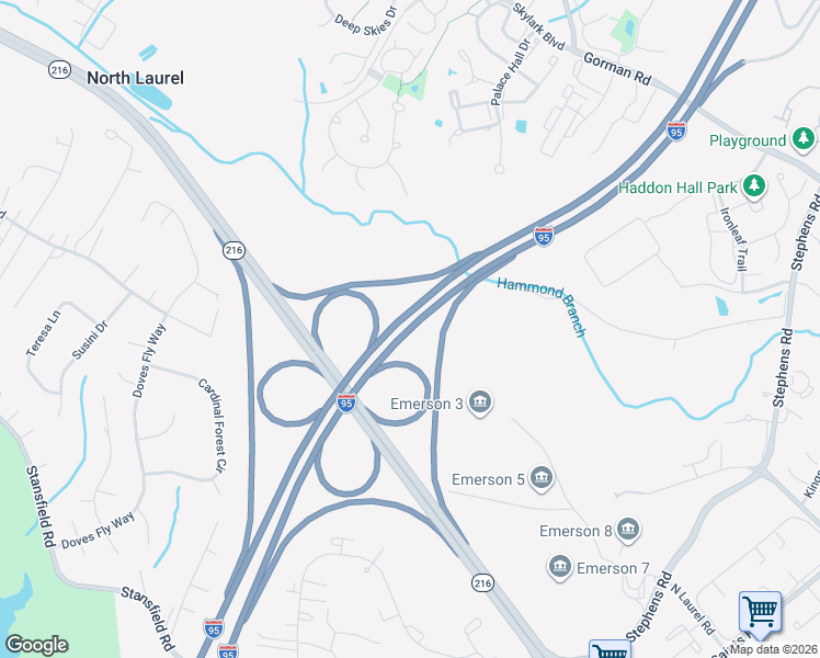 map of restaurants, bars, coffee shops, grocery stores, and more near Interstate 95 in Laurel