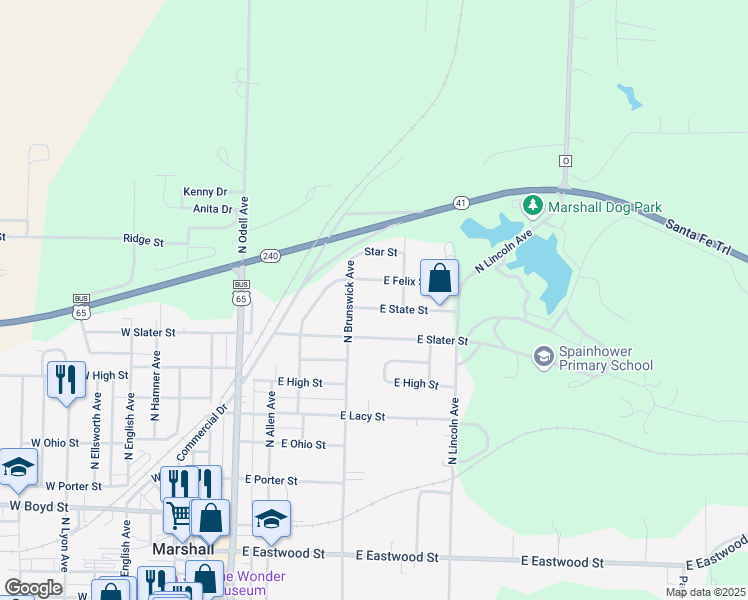 map of restaurants, bars, coffee shops, grocery stores, and more near 510-538 East Felix Street in Marshall