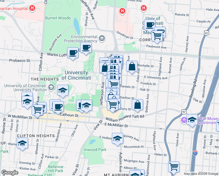 map of restaurants, bars, coffee shops, grocery stores, and more near 2809 Glendora Avenue in Cincinnati