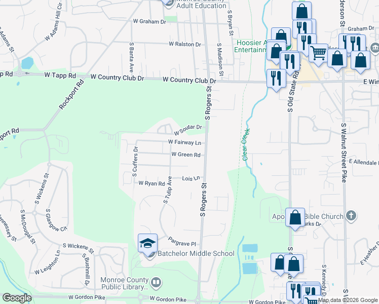 map of restaurants, bars, coffee shops, grocery stores, and more near 530 West Fairway Lane in Bloomington