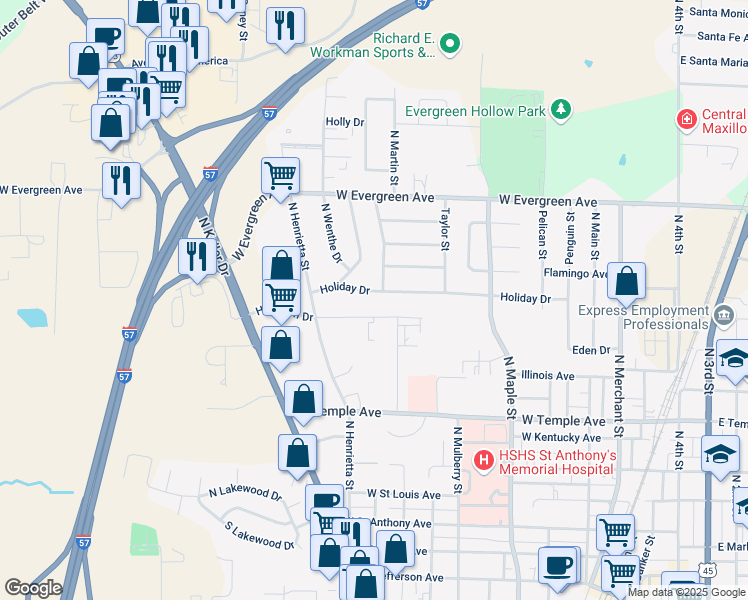 map of restaurants, bars, coffee shops, grocery stores, and more near 1104 Holiday Dr in Effingham