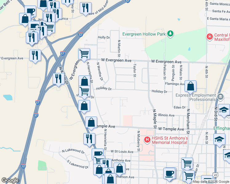 map of restaurants, bars, coffee shops, grocery stores, and more near 1104 Holiday Dr in Effingham