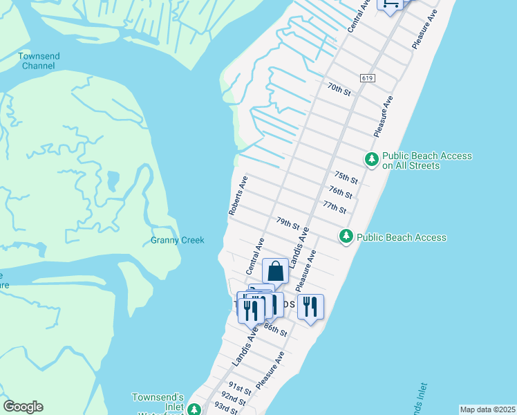 map of restaurants, bars, coffee shops, grocery stores, and more near 217 79th Street in Sea Isle City