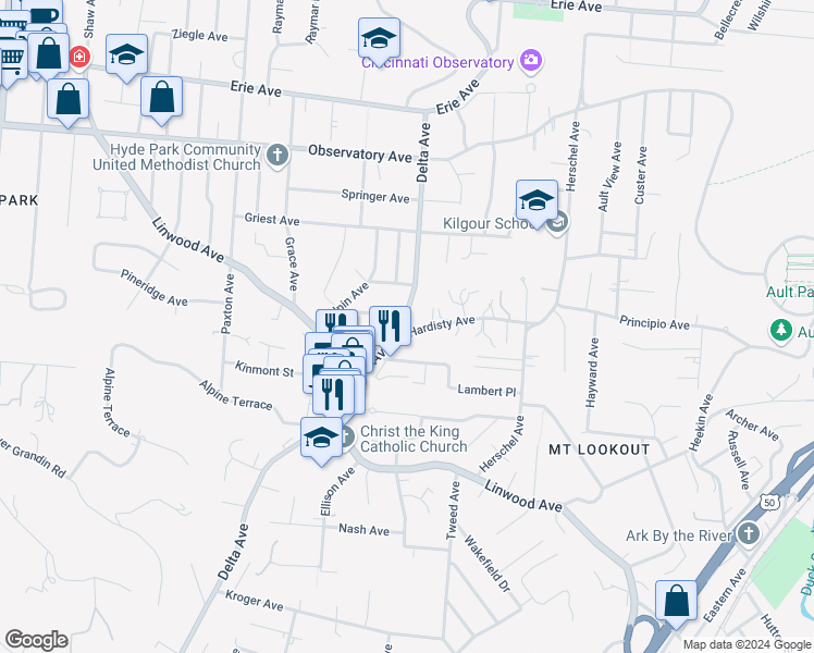 map of restaurants, bars, coffee shops, grocery stores, and more near 1133 Delta Avenue in Cincinnati