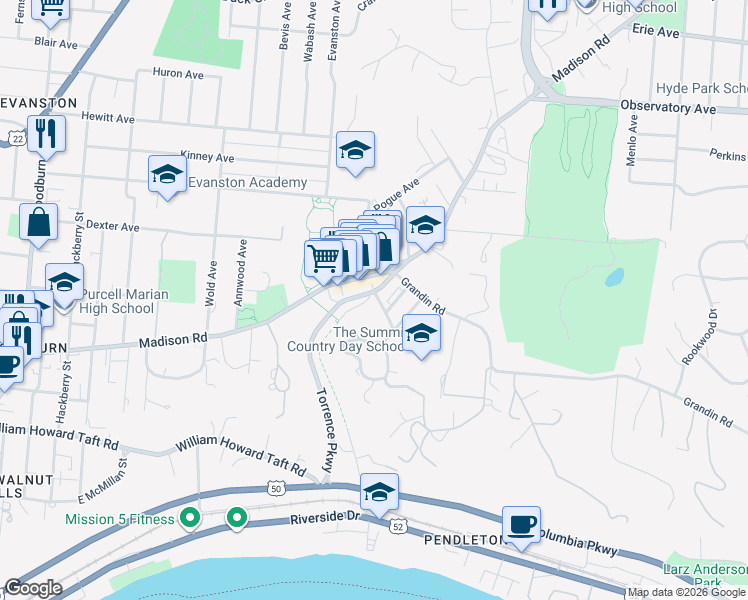map of restaurants, bars, coffee shops, grocery stores, and more near 2025 Madison Road in Cincinnati