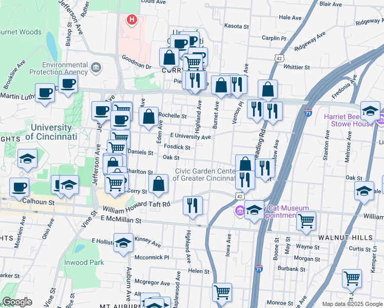 map of restaurants, bars, coffee shops, grocery stores, and more near 2828 Highland Avenue in Cincinnati