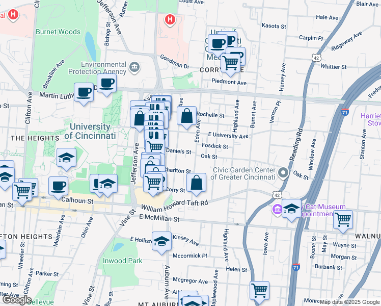 map of restaurants, bars, coffee shops, grocery stores, and more near 2810 Euclid Avenue in Cincinnati