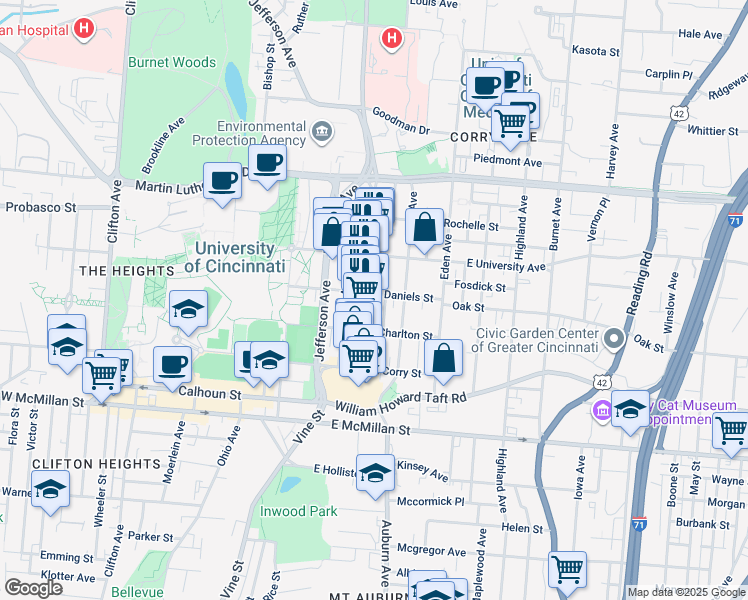 map of restaurants, bars, coffee shops, grocery stores, and more near 2802 Short Vine Street in Cincinnati