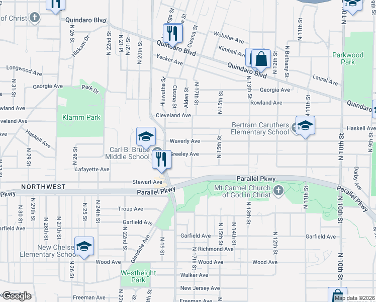 map of restaurants, bars, coffee shops, grocery stores, and more near 1711 Waverly Avenue in Kansas City