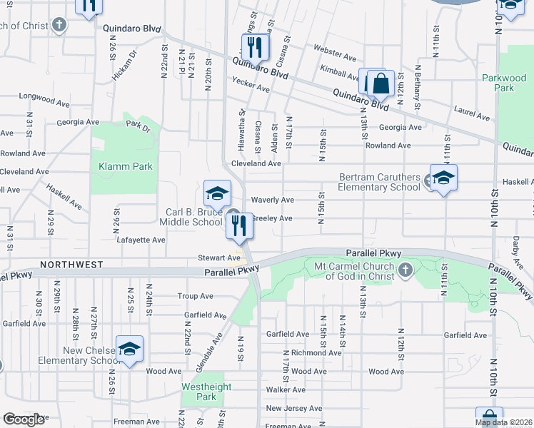 map of restaurants, bars, coffee shops, grocery stores, and more near 1711 Waverly Avenue in Kansas City