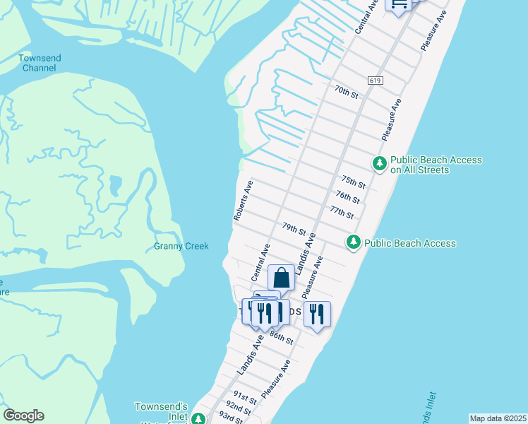 map of restaurants, bars, coffee shops, grocery stores, and more near 217 79th Street in Sea Isle City