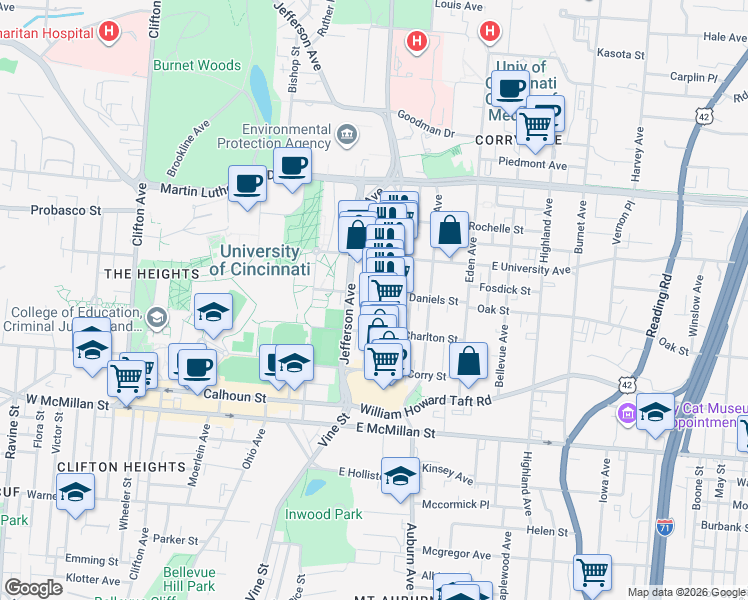 map of restaurants, bars, coffee shops, grocery stores, and more near 2728 Glendora Avenue in Cincinnati