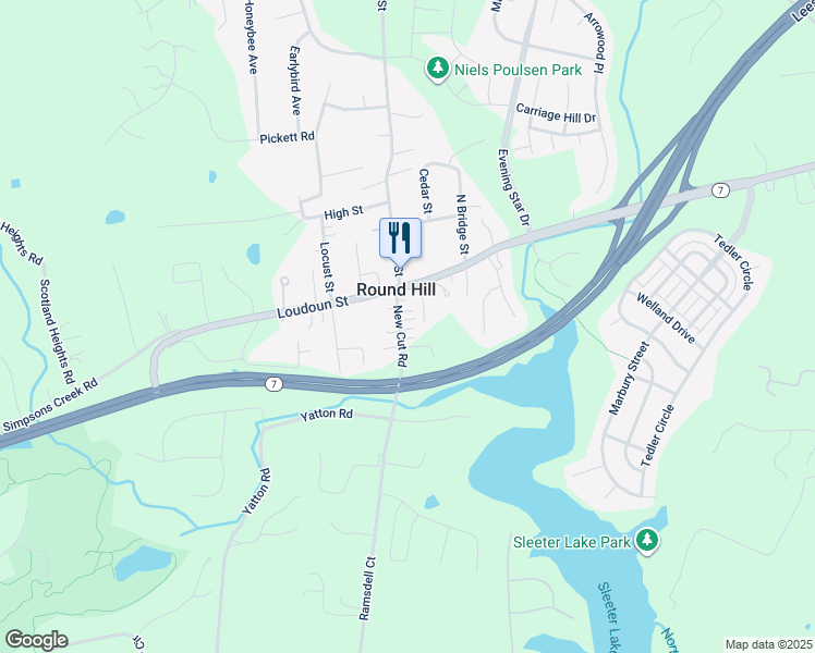 map of restaurants, bars, coffee shops, grocery stores, and more near 11 New Cut Road in Round Hill