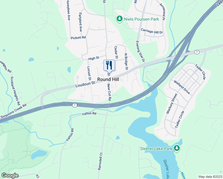 map of restaurants, bars, coffee shops, grocery stores, and more near 11 New Cut Road in Round Hill
