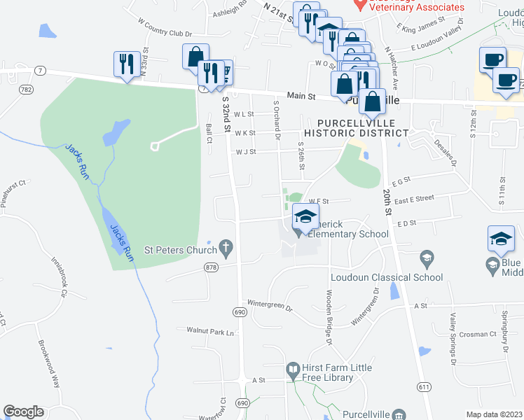 map of restaurants, bars, coffee shops, grocery stores, and more near 521 South Nursery Avenue in Purcellville