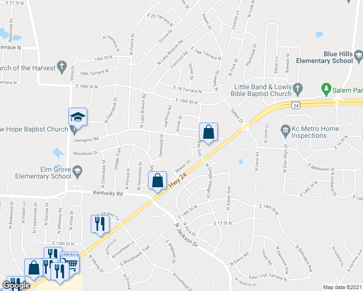 map of restaurants, bars, coffee shops, grocery stores, and more near 18808 East Manor Court in Independence