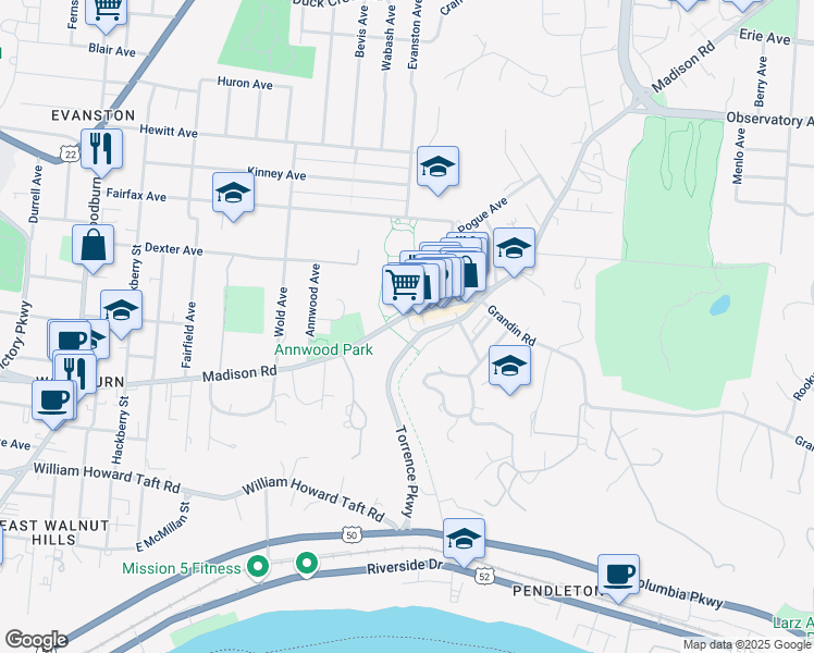 map of restaurants, bars, coffee shops, grocery stores, and more near 1994 Madison Road in Cincinnati