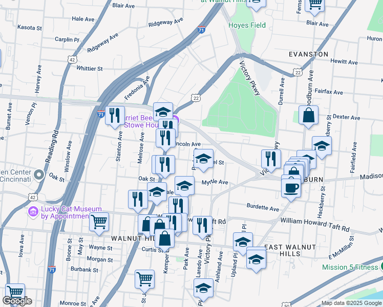 map of restaurants, bars, coffee shops, grocery stores, and more near 2923 Park Avenue in Cincinnati
