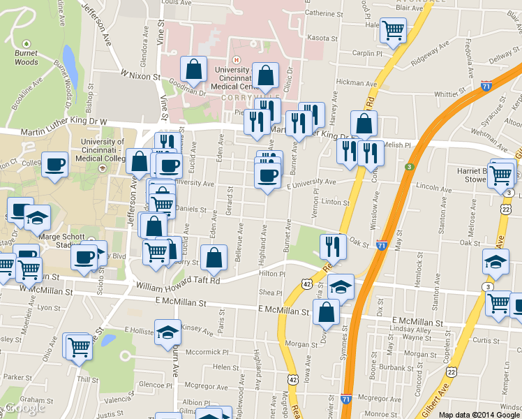 map of restaurants, bars, coffee shops, grocery stores, and more near 2828 Highland Avenue in Cincinnati
