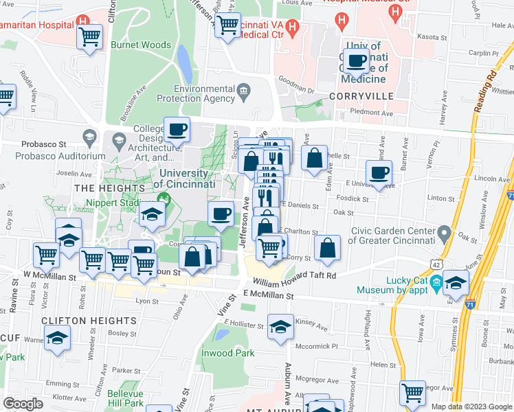 map of restaurants, bars, coffee shops, grocery stores, and more near 2809 Glendora Avenue in Cincinnati