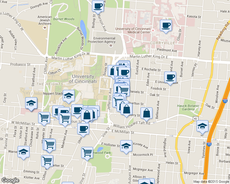 map of restaurants, bars, coffee shops, grocery stores, and more near 2809 Glendora Avenue in Cincinnati