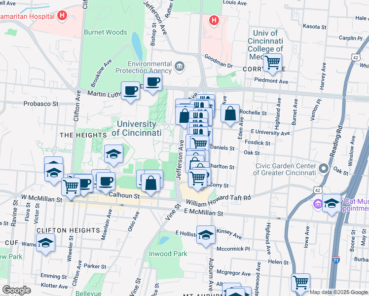 map of restaurants, bars, coffee shops, grocery stores, and more near 2729 Jefferson Avenue in Cincinnati