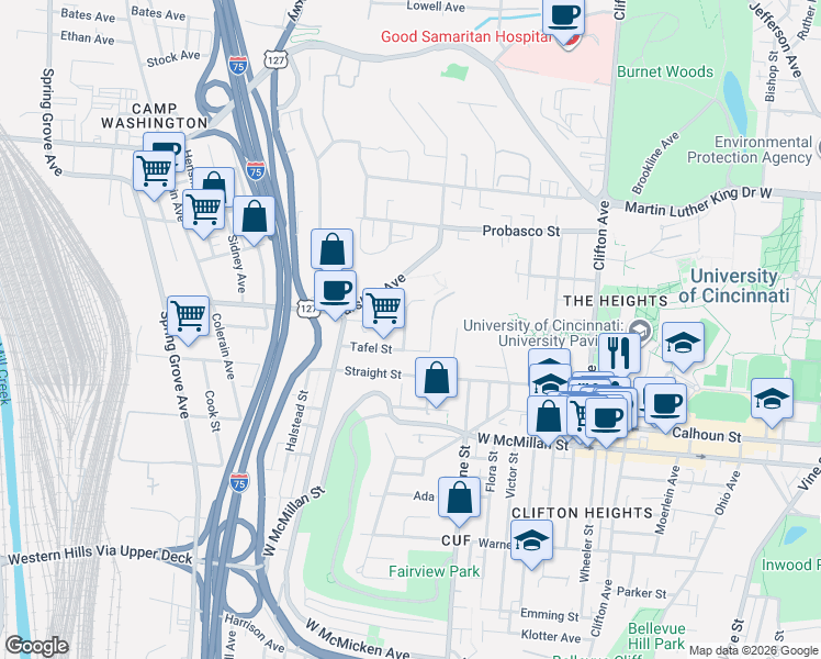 map of restaurants, bars, coffee shops, grocery stores, and more near 2753 Enslin Street in Cincinnati