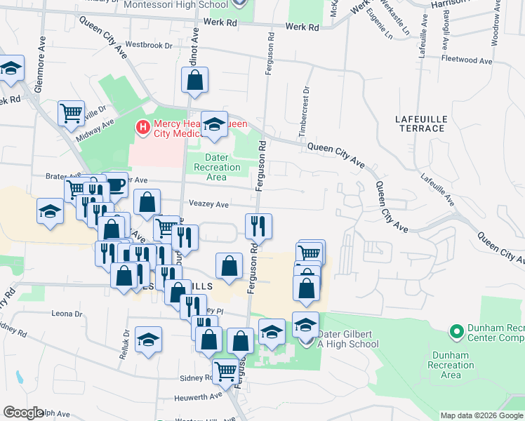 map of restaurants, bars, coffee shops, grocery stores, and more near 2474 Ferguson Road in Cincinnati