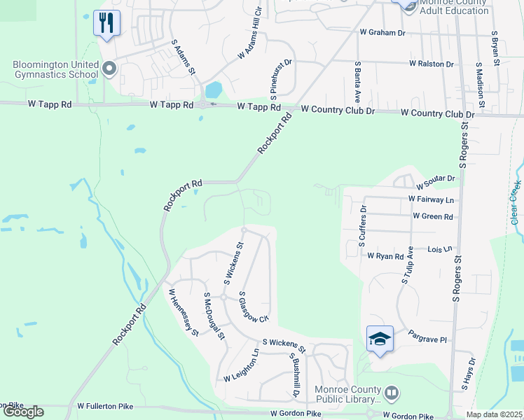 map of restaurants, bars, coffee shops, grocery stores, and more near 3360 South Crafters Court in Bloomington