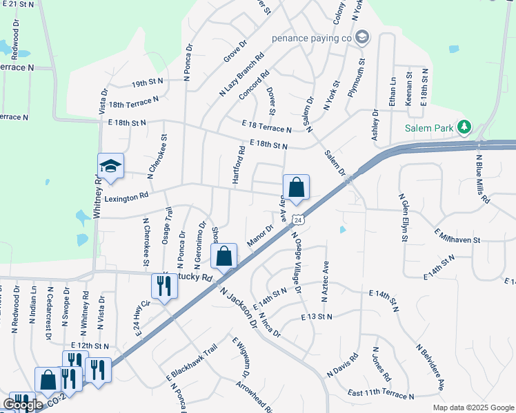 map of restaurants, bars, coffee shops, grocery stores, and more near 18803 Lexington Road in Independence