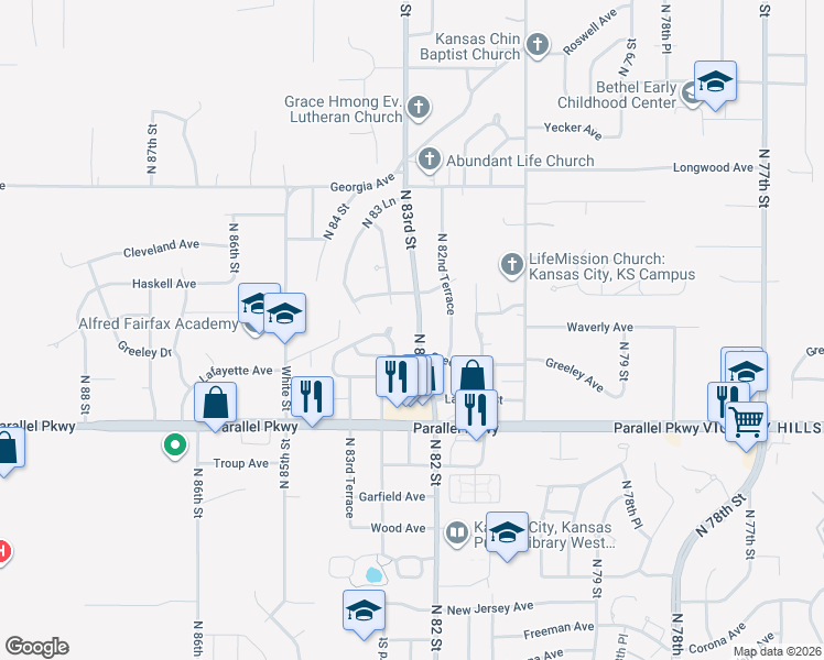 map of restaurants, bars, coffee shops, grocery stores, and more near 2311 North 83rd Street in Kansas City