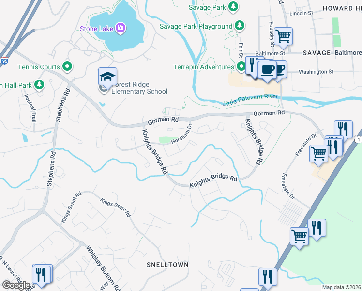 map of restaurants, bars, coffee shops, grocery stores, and more near 9409 Chippenham Drive in Laurel