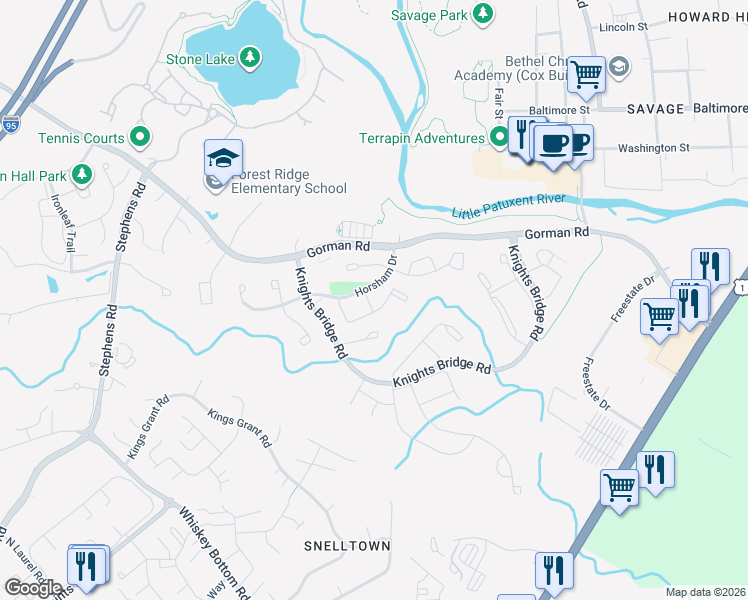 map of restaurants, bars, coffee shops, grocery stores, and more near 9409 Chippenham Drive in Laurel