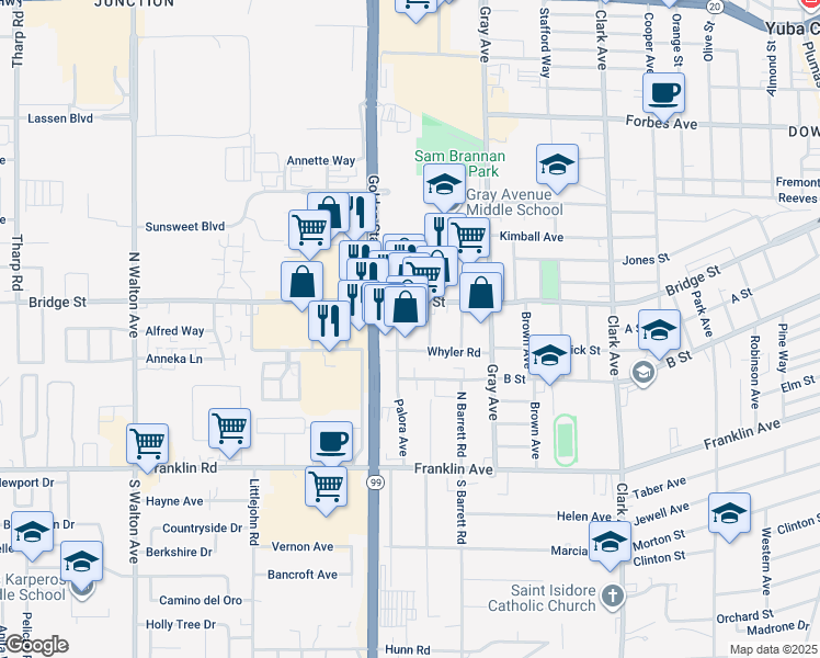 map of restaurants, bars, coffee shops, grocery stores, and more near 1242 Bridge Street in Yuba City