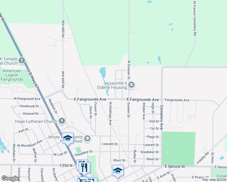 map of restaurants, bars, coffee shops, grocery stores, and more near 1210 Bertman Street in Jerseyville