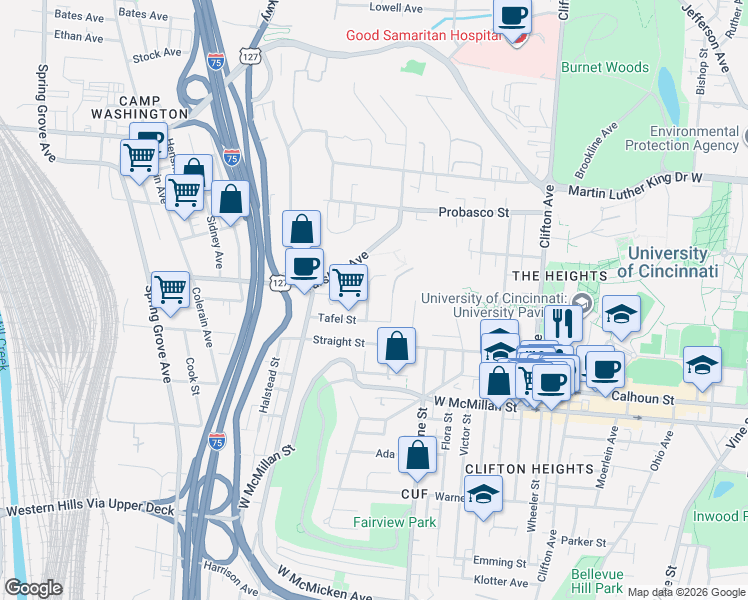 map of restaurants, bars, coffee shops, grocery stores, and more near 2753 Enslin Street in Cincinnati