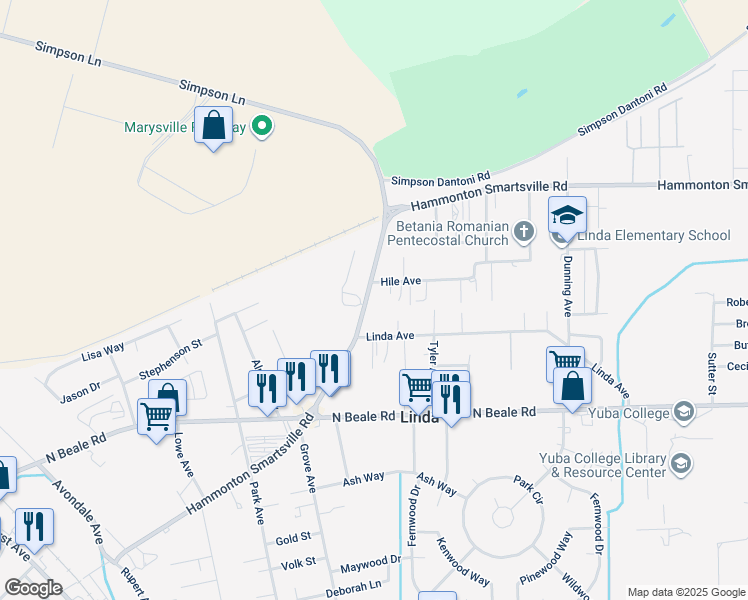 map of restaurants, bars, coffee shops, grocery stores, and more near 1752 Hammonton Smartsville Road in Marysville