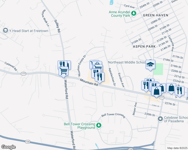 map of restaurants, bars, coffee shops, grocery stores, and more near 350 Mountain Road in Pasadena
