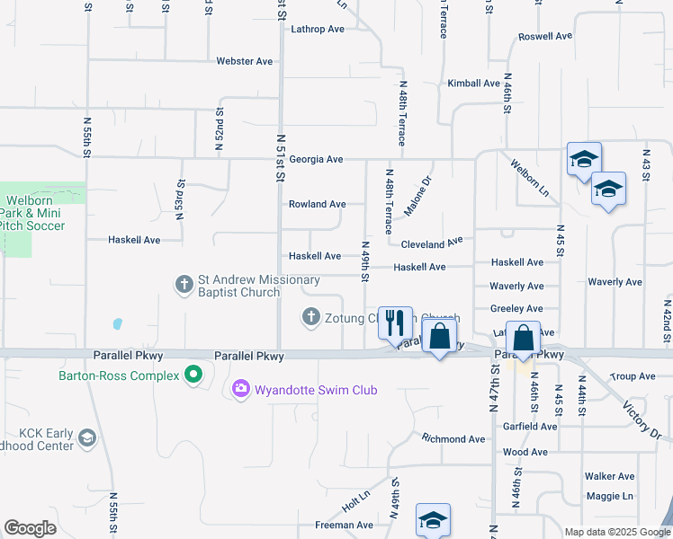 map of restaurants, bars, coffee shops, grocery stores, and more near 4917 Haskell Avenue in Kansas City