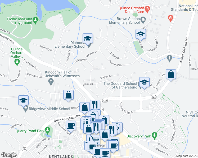 map of restaurants, bars, coffee shops, grocery stores, and more near 886 Flagler Drive in Gaithersburg