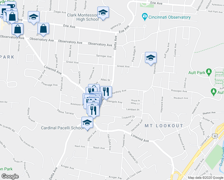 map of restaurants, bars, coffee shops, grocery stores, and more near 1133 Delta Avenue in Cincinnati