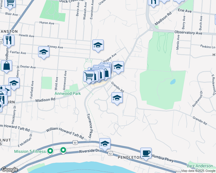 map of restaurants, bars, coffee shops, grocery stores, and more near 2105 Grandin Road in Cincinnati