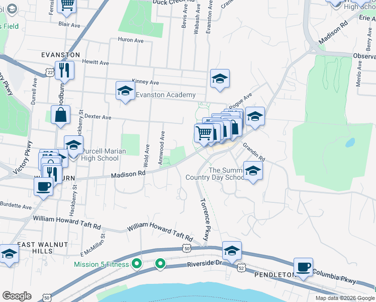 map of restaurants, bars, coffee shops, grocery stores, and more near 1960 Madison Road in Cincinnati