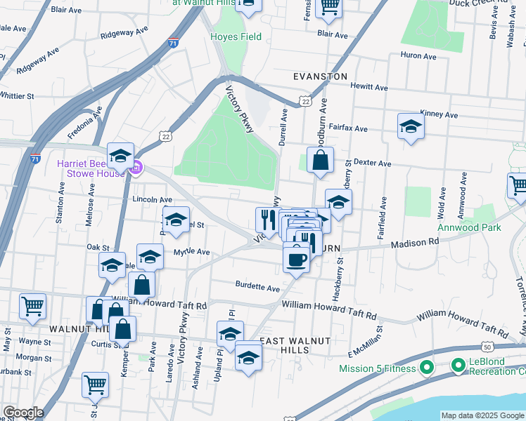 map of restaurants, bars, coffee shops, grocery stores, and more near 1334 Lincoln Avenue in Cincinnati