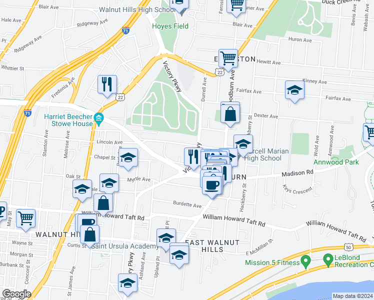 map of restaurants, bars, coffee shops, grocery stores, and more near 1334 Lincoln Avenue in Cincinnati