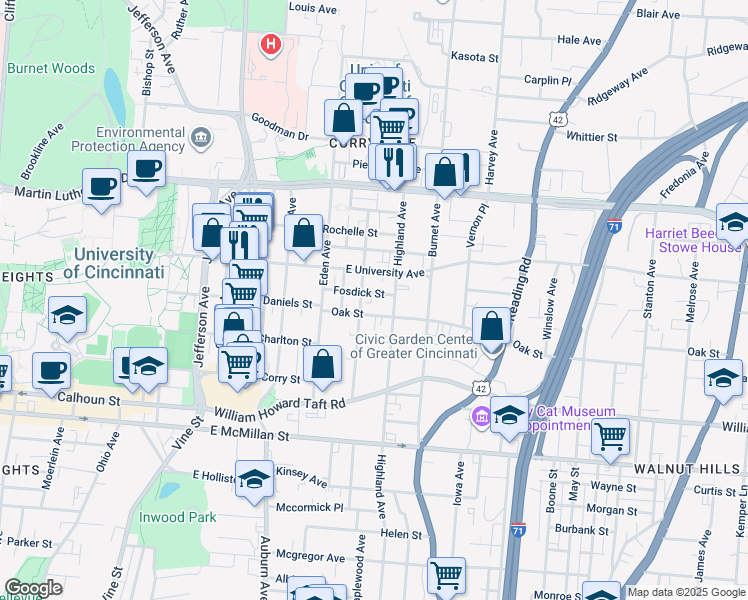 map of restaurants, bars, coffee shops, grocery stores, and more near 230 Fosdick Street in Cincinnati