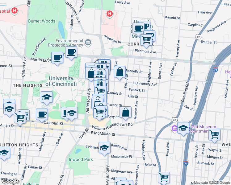map of restaurants, bars, coffee shops, grocery stores, and more near 2810 Euclid Avenue in Cincinnati