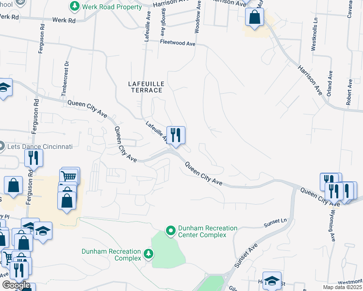 map of restaurants, bars, coffee shops, grocery stores, and more near 2586 Lafeuille Avenue in Cincinnati