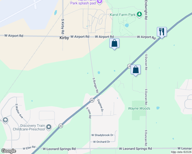 map of restaurants, bars, coffee shops, grocery stores, and more near 3399 South Bunger Road in Bloomington