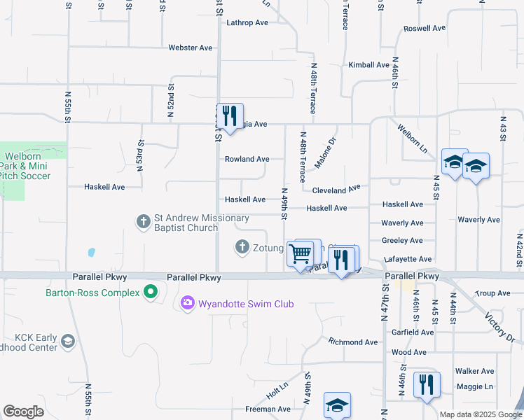 map of restaurants, bars, coffee shops, grocery stores, and more near 4917 Haskell Avenue in Kansas City